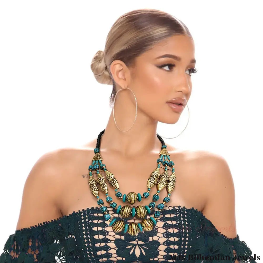 Teal Stone Engraved Gold Necklace