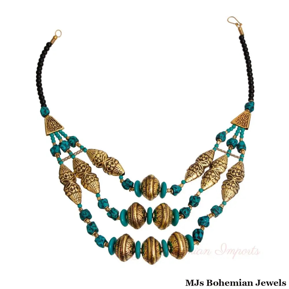 Teal Stone Engraved Gold Necklace