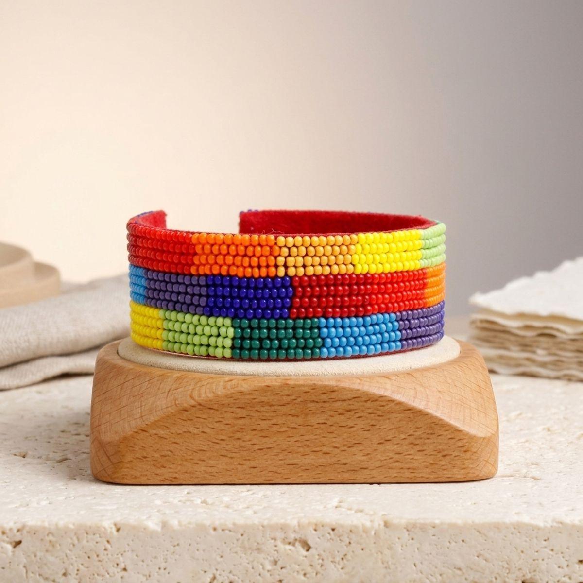 Cuff Tribal Rainbow Color Block Beaded Bracelet