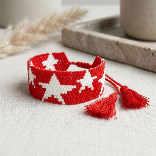 DST Red and White Star Woven Bead Bracelet