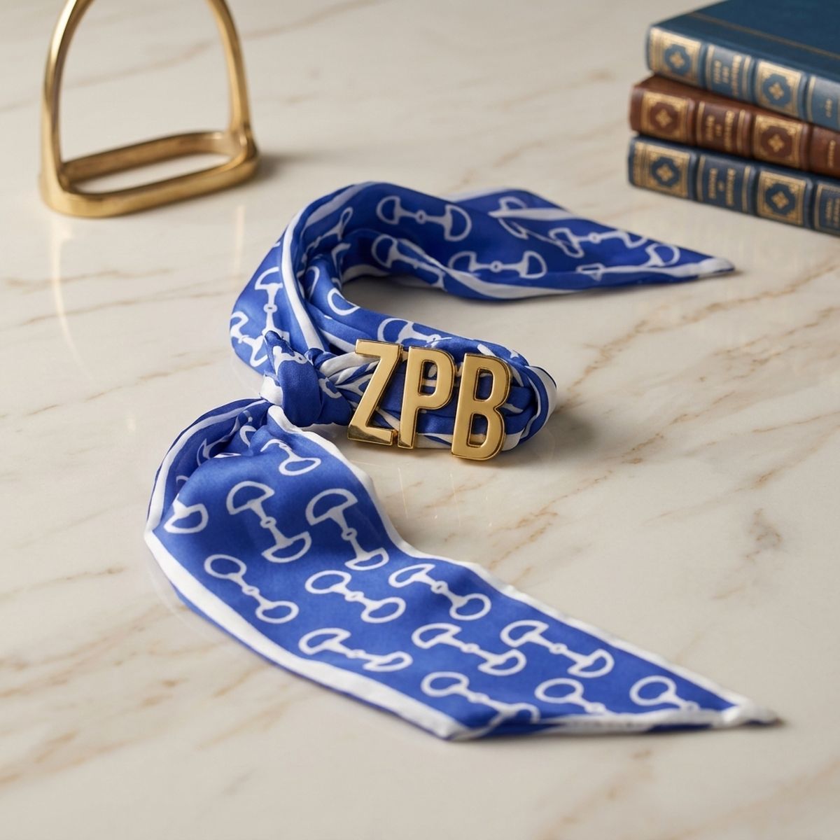 ZPB Gold Letter Blue White Horsebit Scarf Bracelet