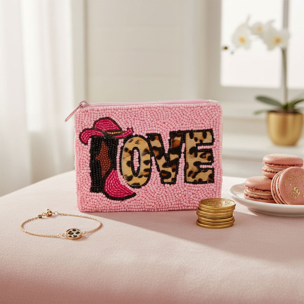 Coin Purse Leopard LOVE Cowgirl Pink Zipper Pouch