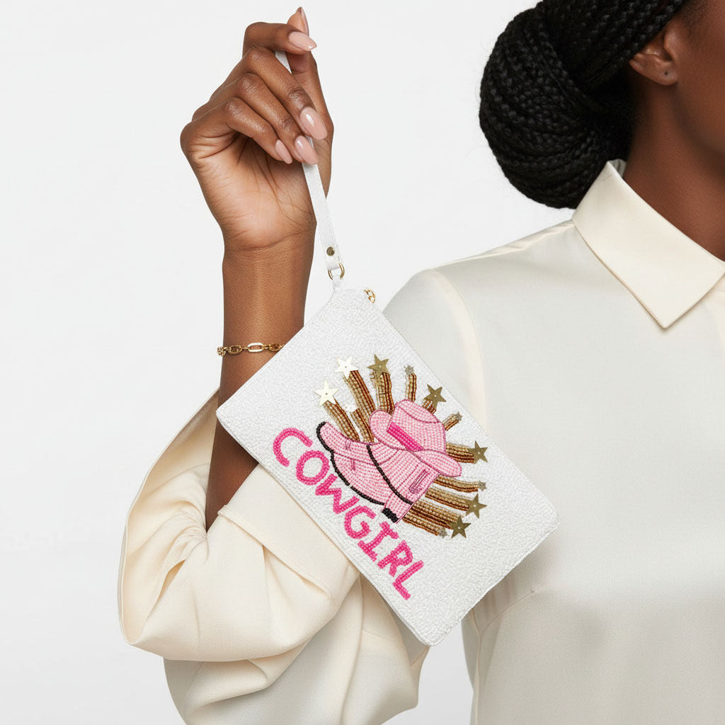 Wristlet White and Pink Cowgirl Bead Zipper Pouch
