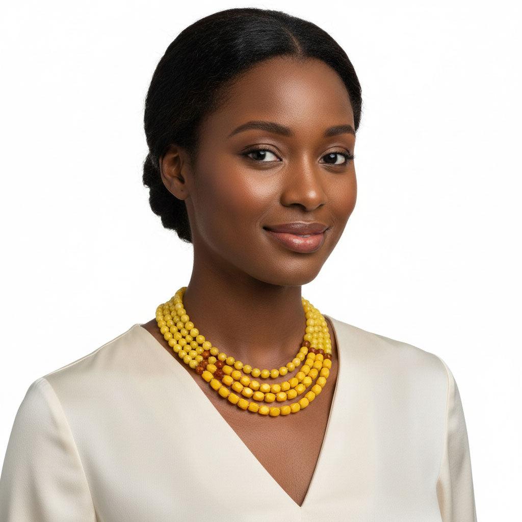 Glass Bead Yellow 4 Strand Tribal Layered Necklace
