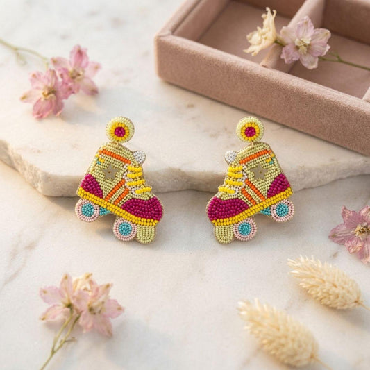 Drop Retro Roller Skate Green Pink Bead Earrings