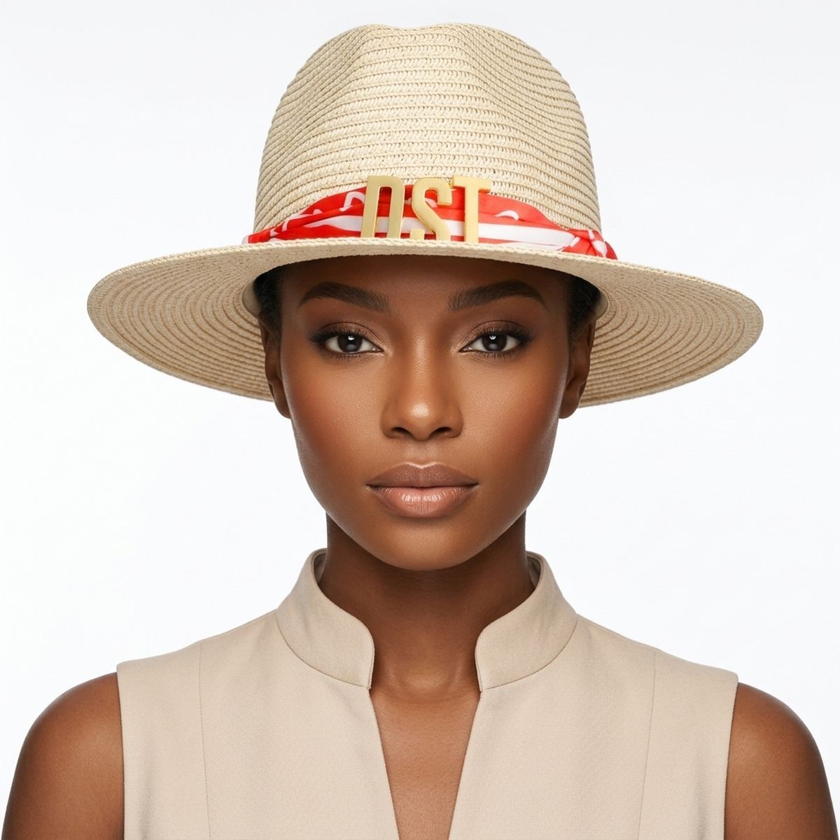 DST Gold Letter Red Scarf Banded Ivory Fedora Hat