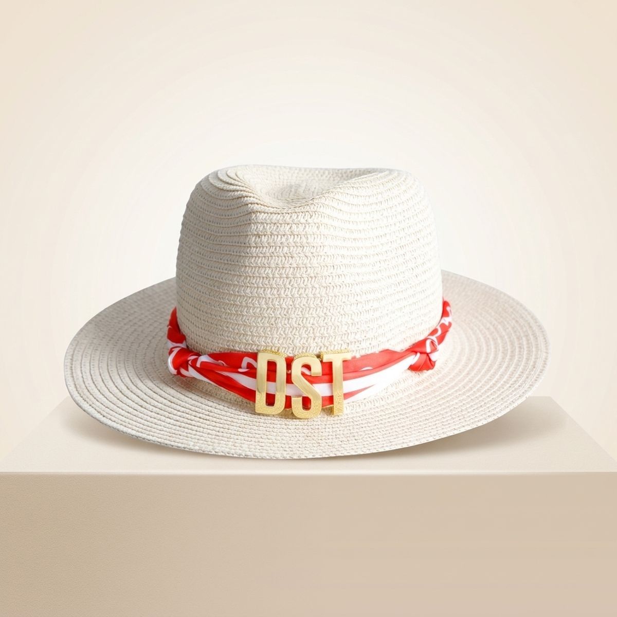 DST Gold Letter Red Scarf Banded Ivory Fedora Hat