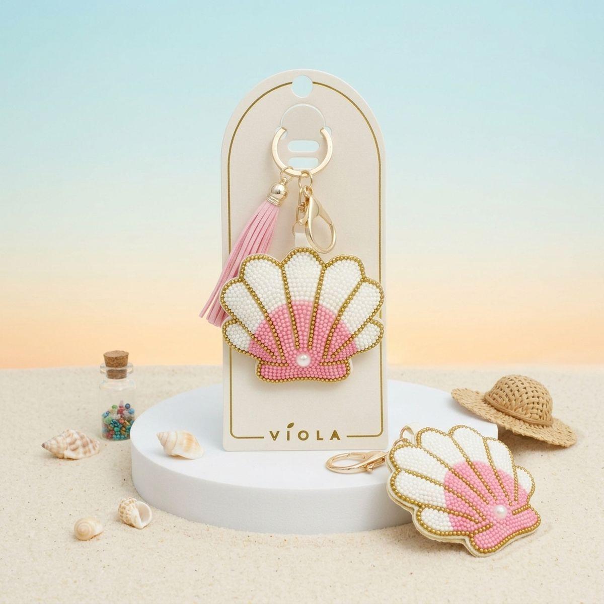 Bag Clip Pink and White Bead Seashell Keychain