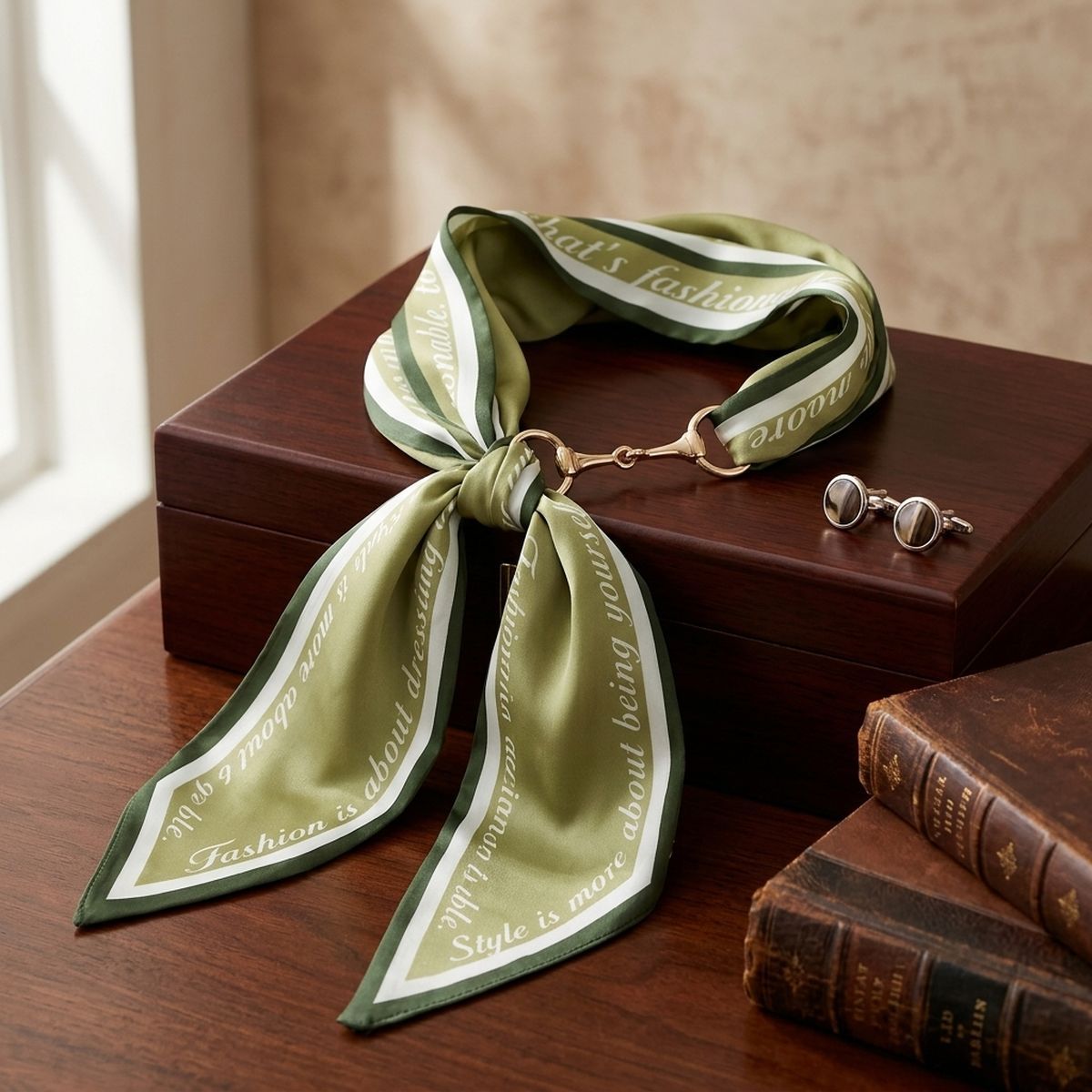 Horsebit Green Striped Silky Scarf Necklace