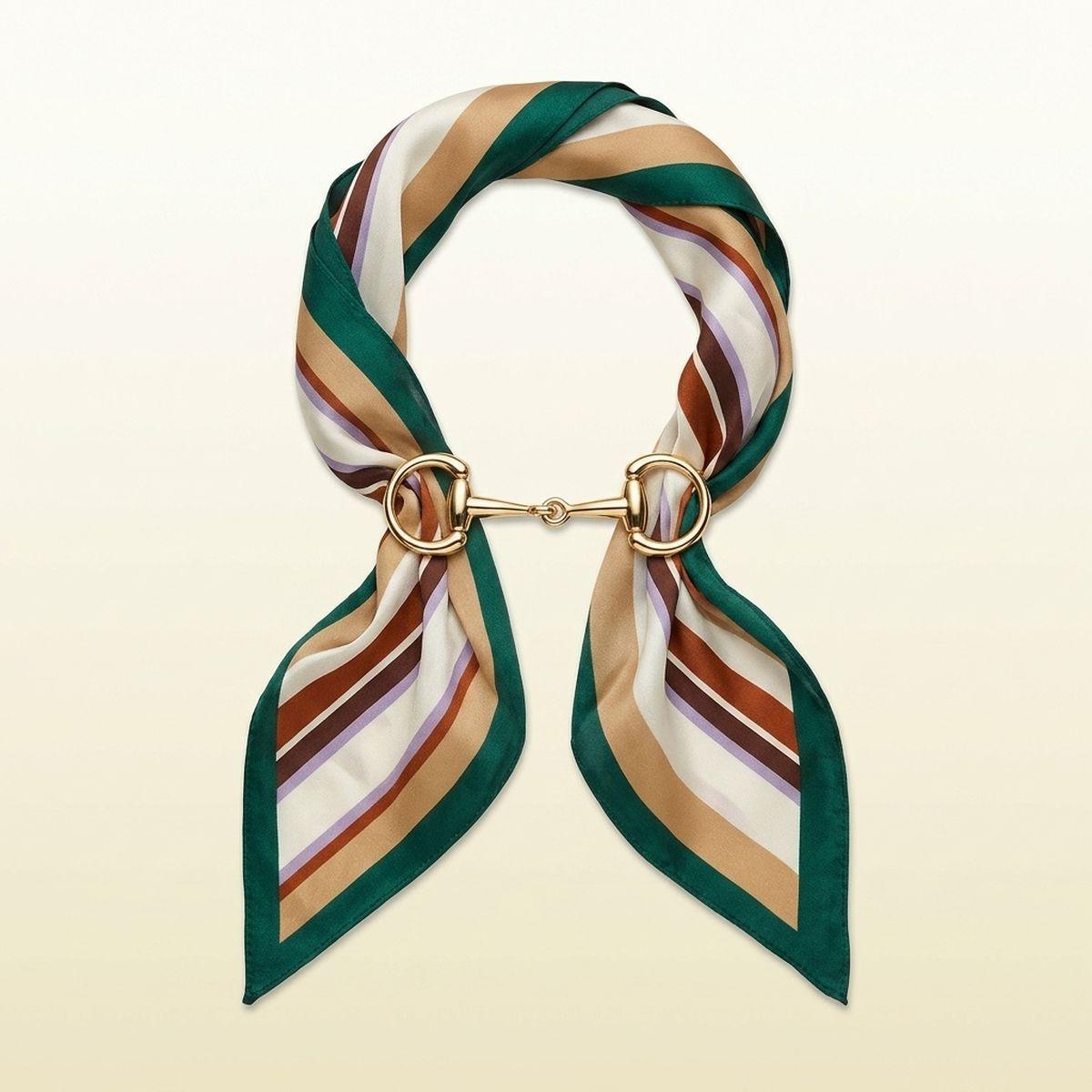 Horsebit Deep Green Striped Silky Scarf Necklace