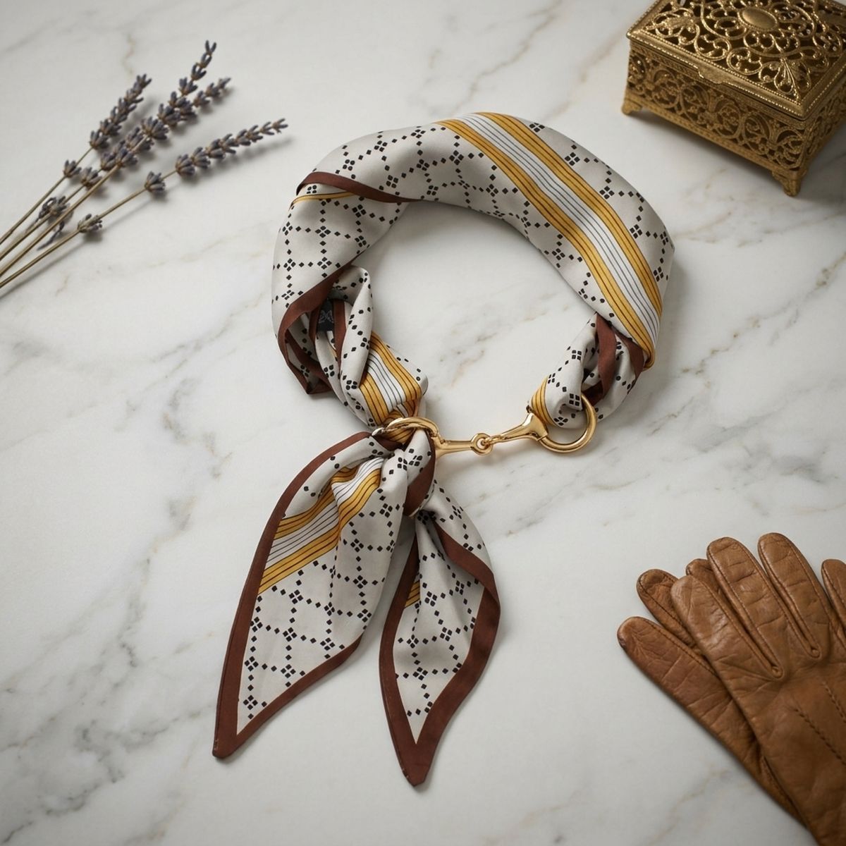 Horsebit Brown Gray Geometric Silky Scarf Necklace