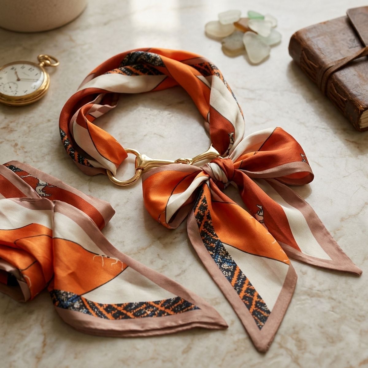 Horsebit Orange Equestrian Silky Scarf Necklace