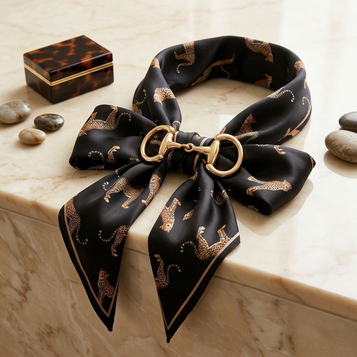 Horsebit Black Cheetah Silky Scarf Necklace