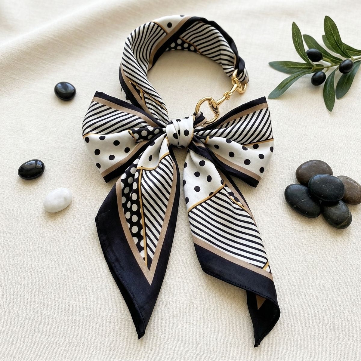 Horsebit Black Geometric Silky Scarf Necklace