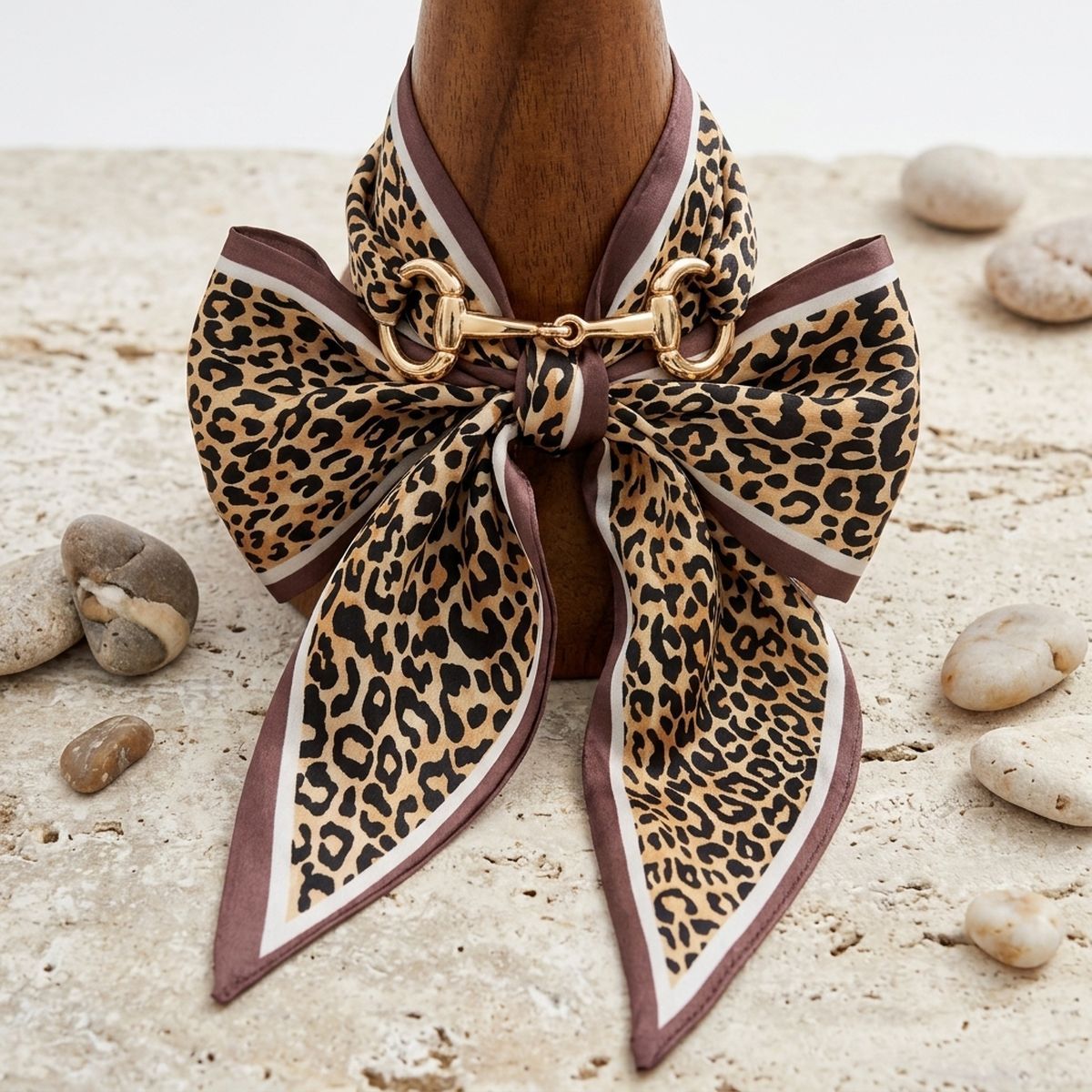 Horsebit Brown Leopard Silky Scarf Necklace