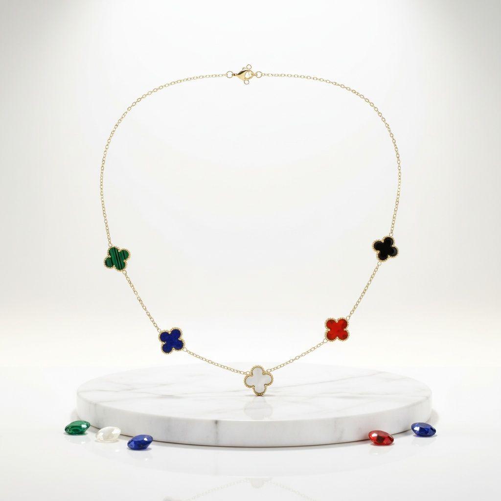 Chain Colorful 5 Motif Quatrefoil Clover Necklace