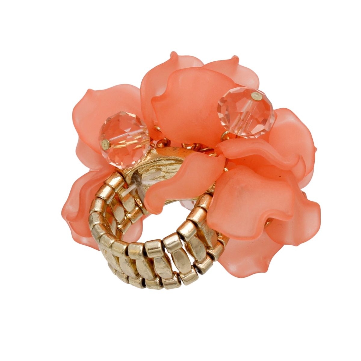 Cocktail Coral Sculpted Petal and Bead Flower Ring