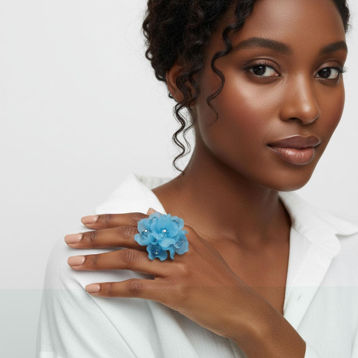 Cocktail Turquoise Sculpted Petal Bead Flower Ring