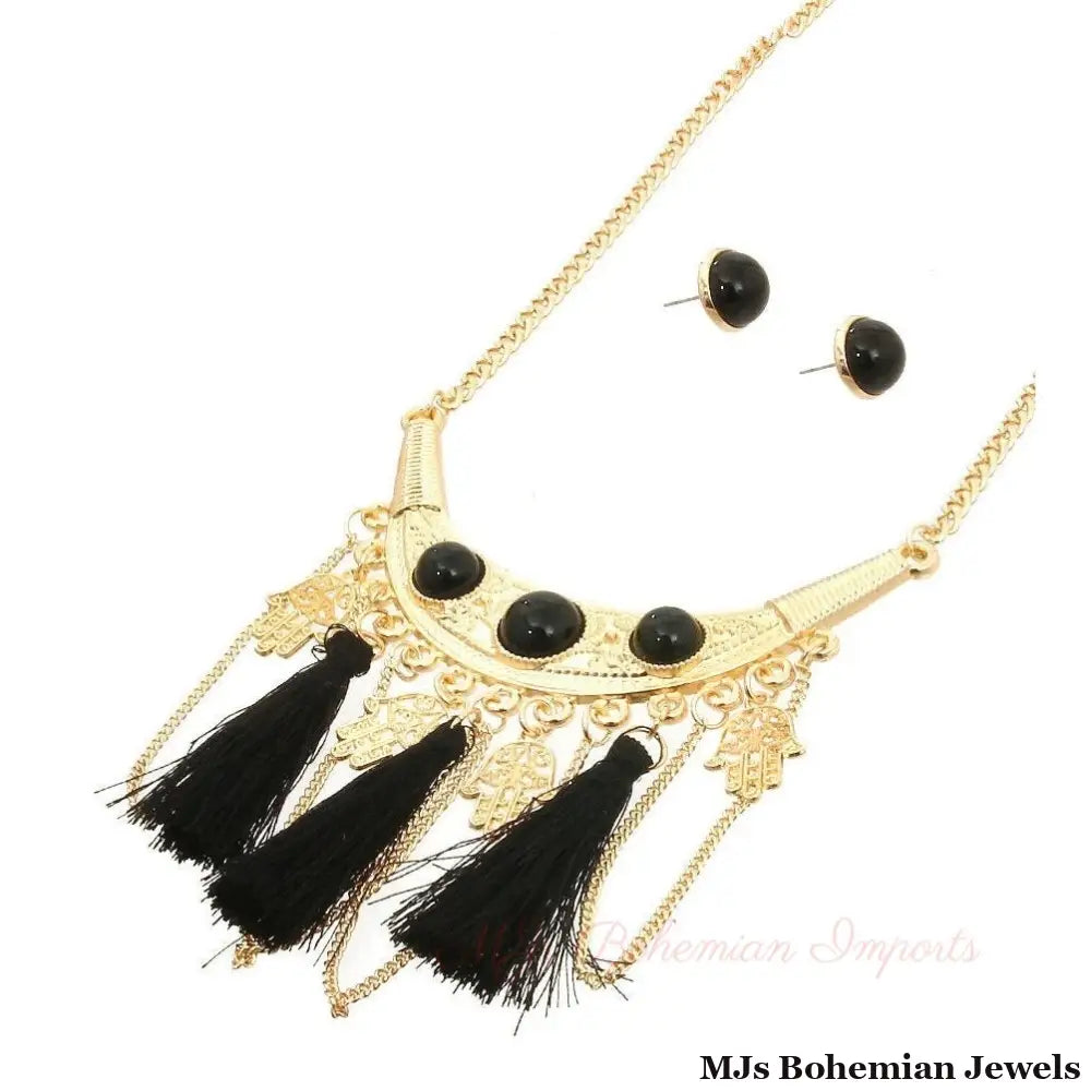 Tribal Black Tassel Necklace Set