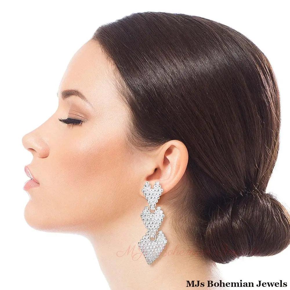 Triple Heart Pave Silver Earrings