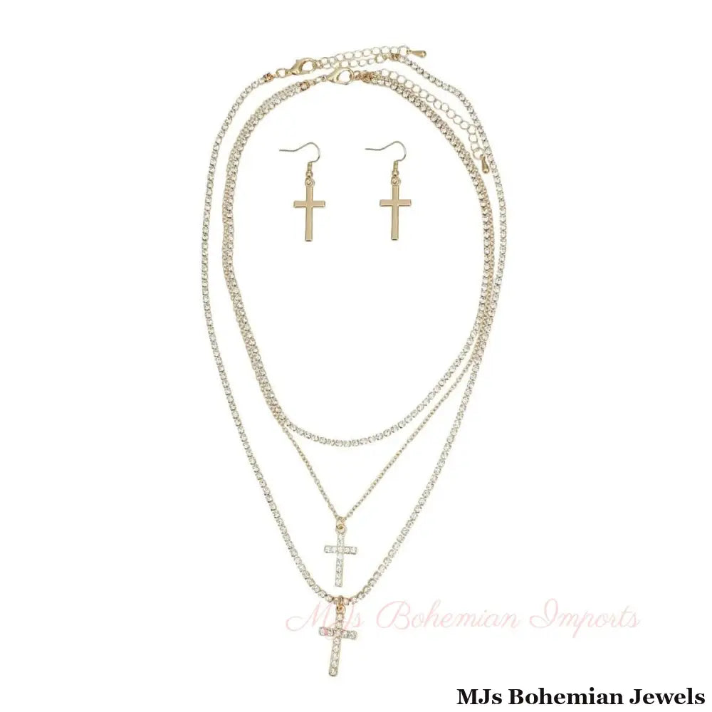 Triple Layer Gold Rhinestone Cross Necklaces