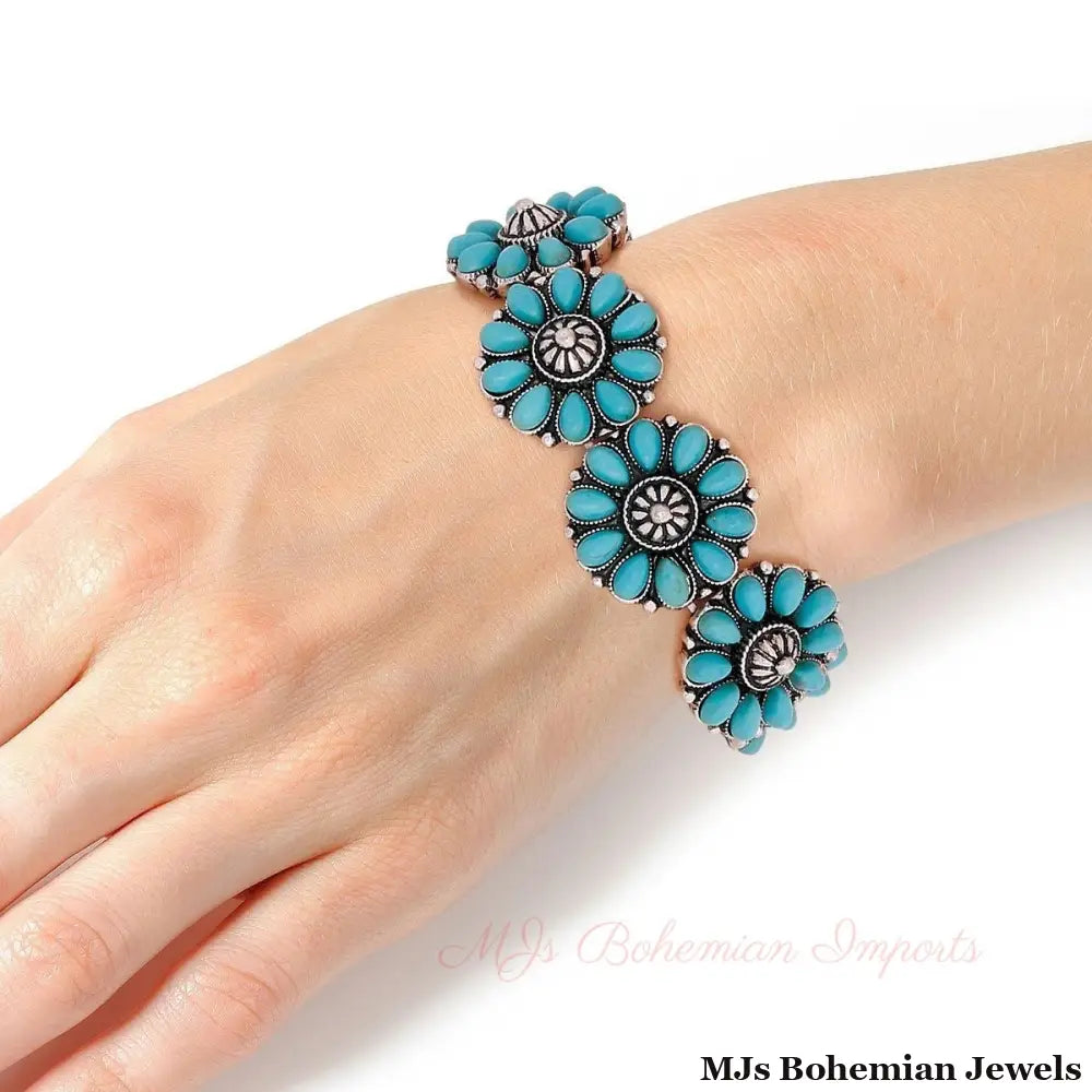 Turquoise Bead Engraved Silver Bracelet
