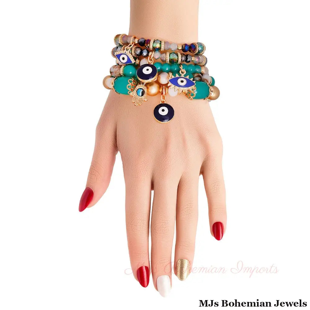 Turquoise Glass Bead Evil Eye Bracelets