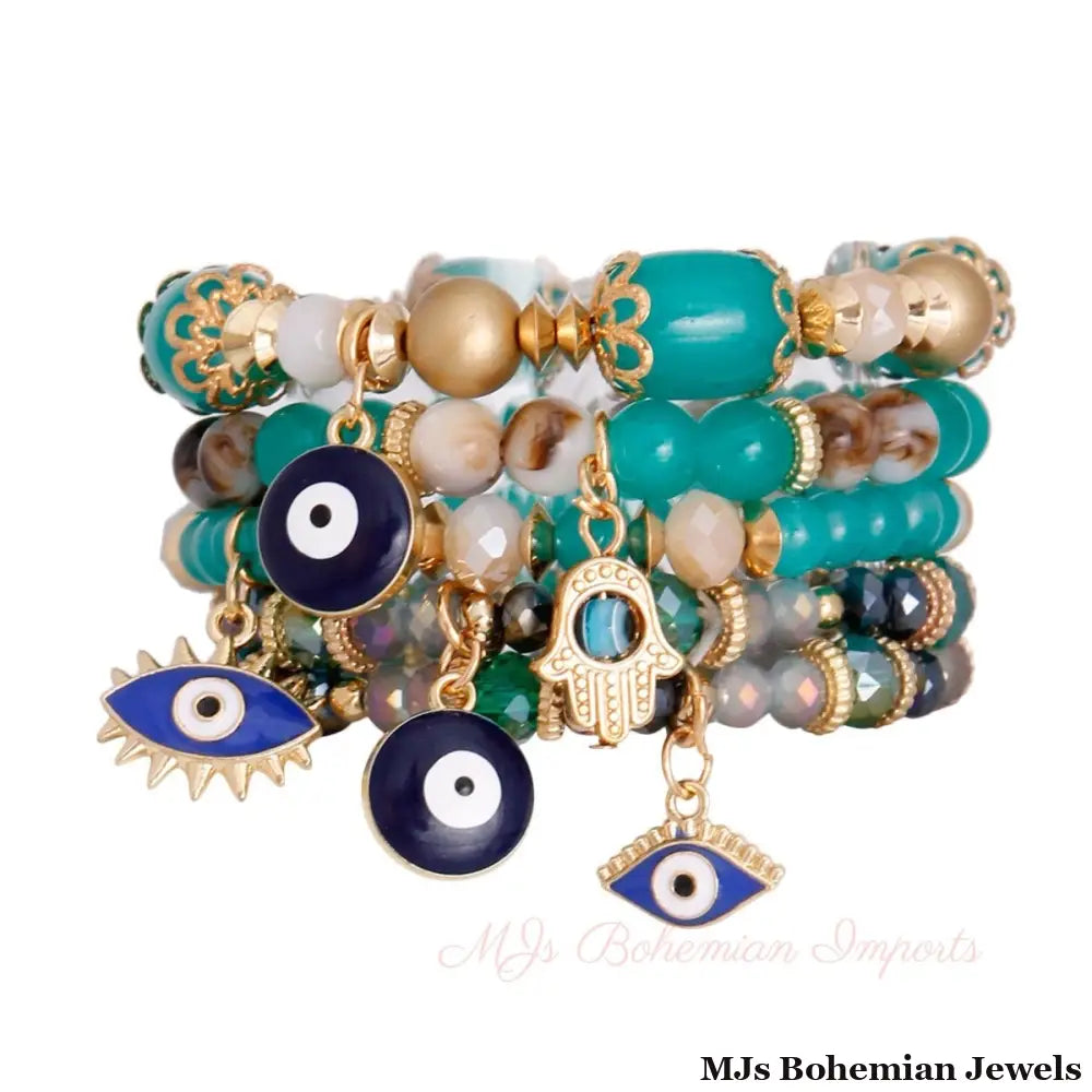 Turquoise Glass Bead Evil Eye Bracelets