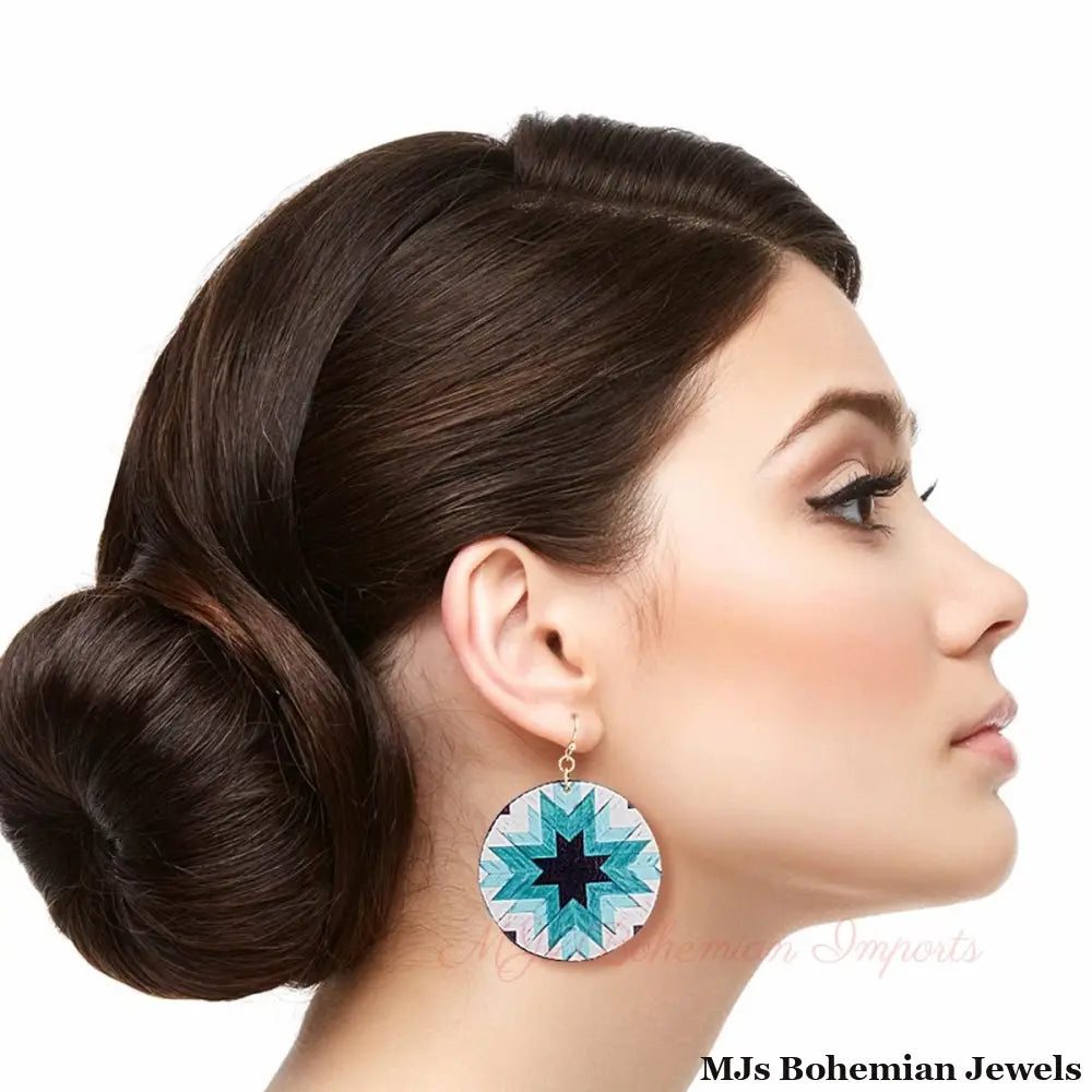 Turquoise Sunburst Leather Round Earrings