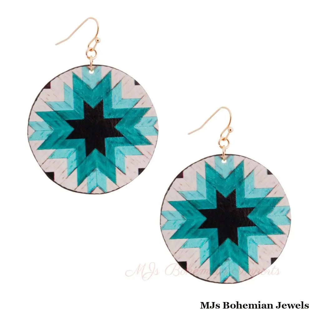 Turquoise Sunburst Leather Round Earrings