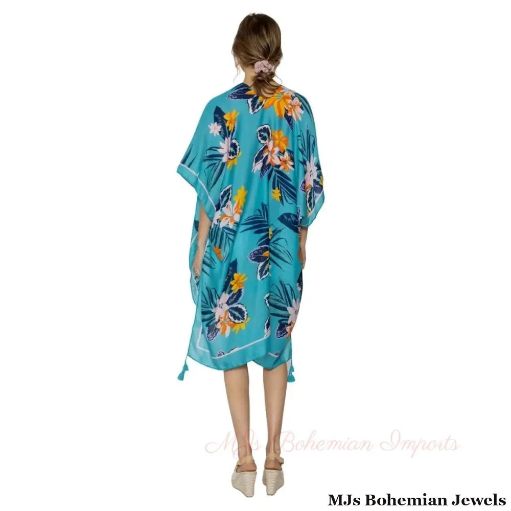 Turquoise Tropical Floral Tassel Kimono