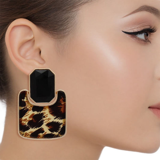 Drop Retro Glam Black Crystal Leopard Earrings