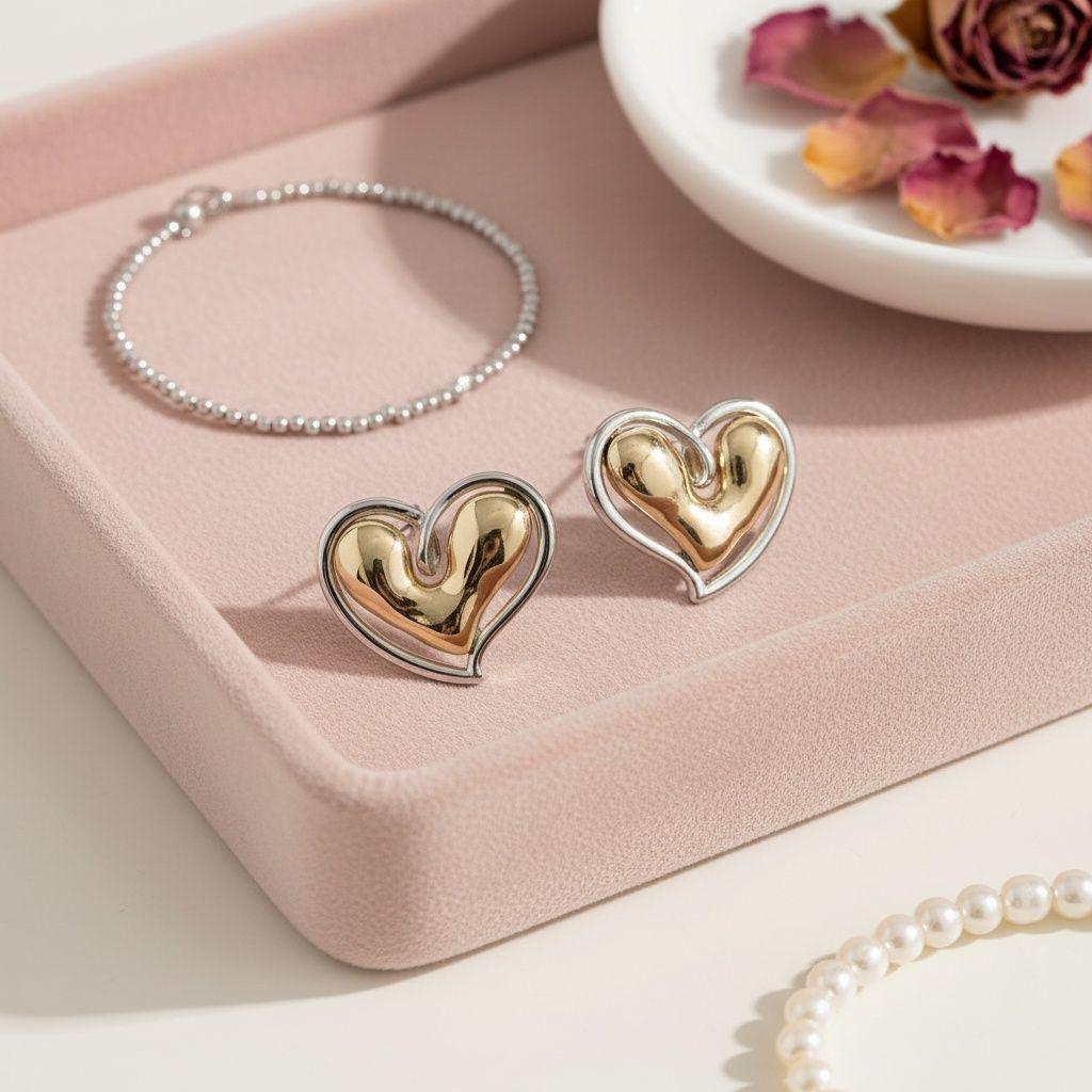 Stud Two Tone Gold Silver Chubby Heart Earrings