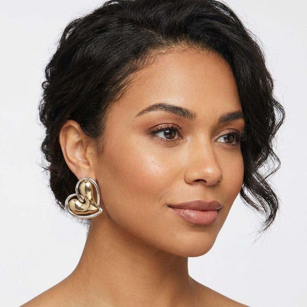 Stud Two Tone Gold Silver Chubby Heart Earrings