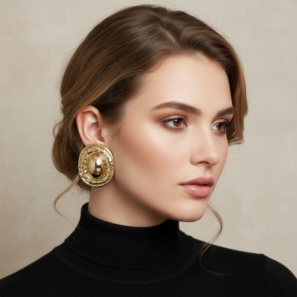 Stud Gold Organic Oval Domed Metal Earrings
