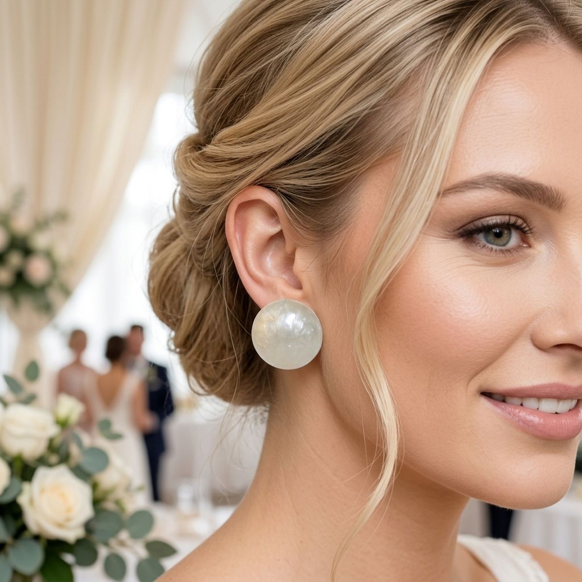 Ivory Pearlescent Domed Round Stud Earrings
