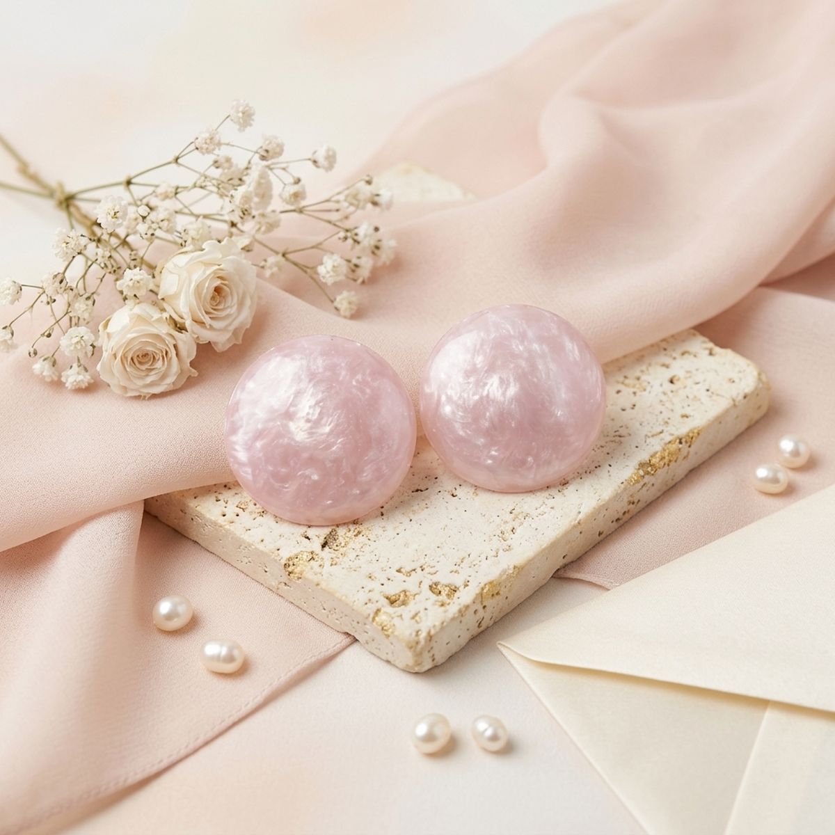 Pink Pearlescent Domed Round Stud Earrings