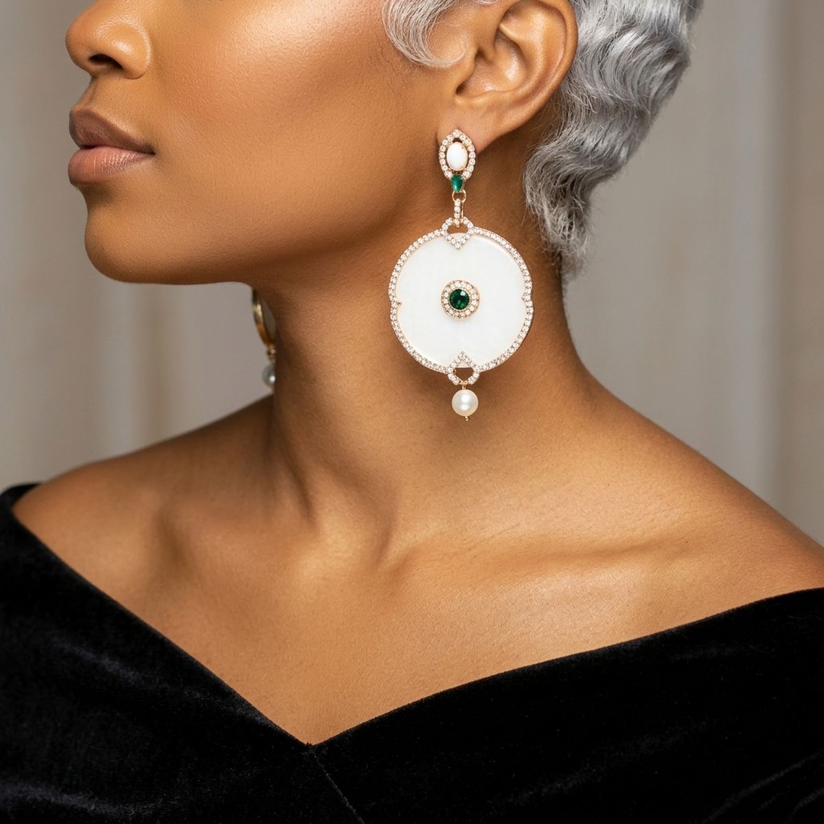 White Opal Finish Emerald Crystal Drop Earrings