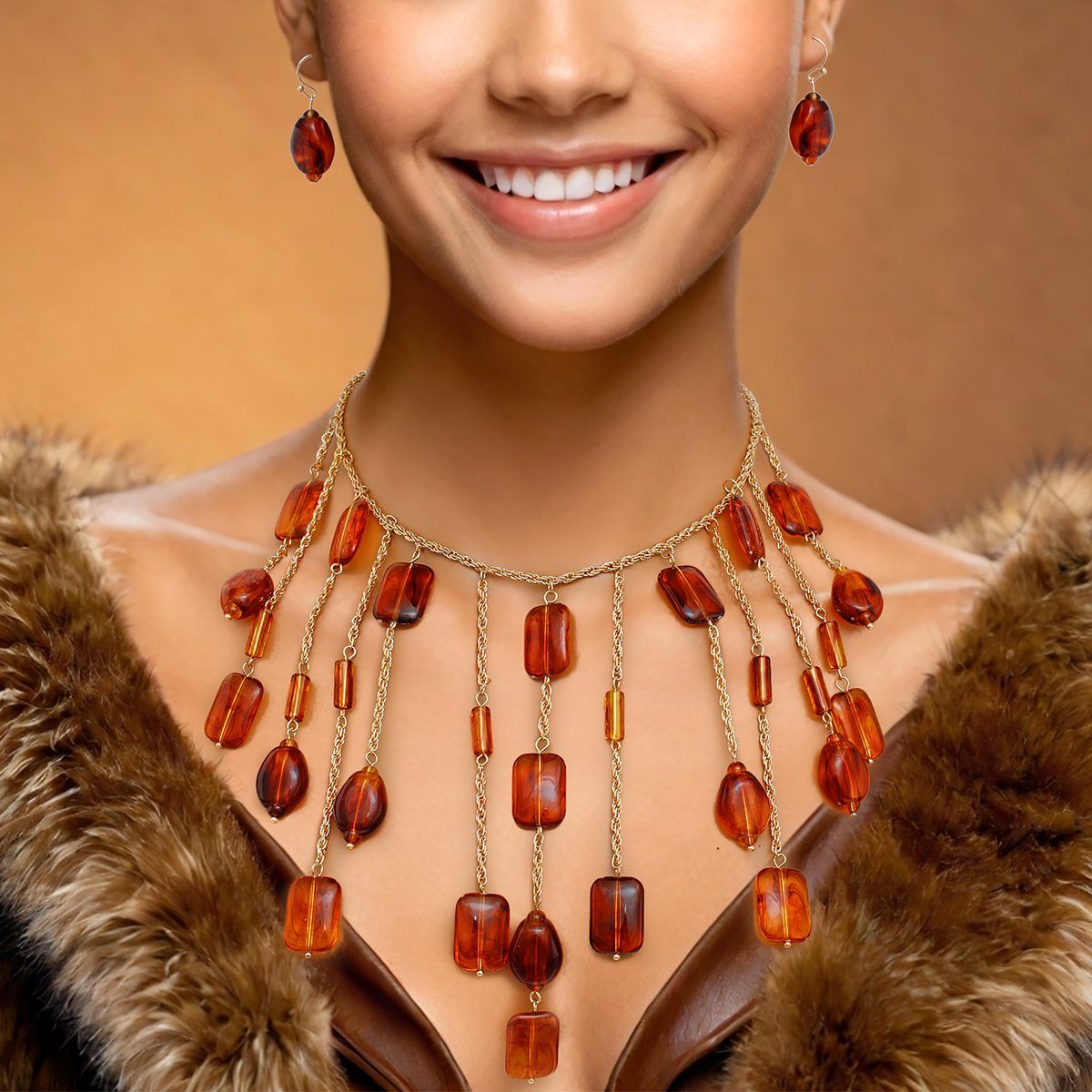 Bib Rope Chain Vintage Amber Like Bead Necklace