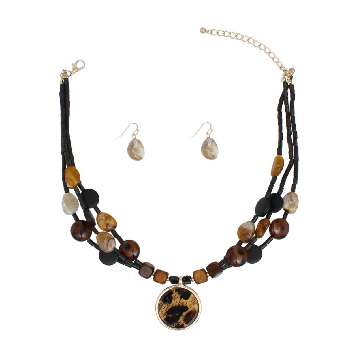 Pendant Leopard Wood and Stone Bead Necklace