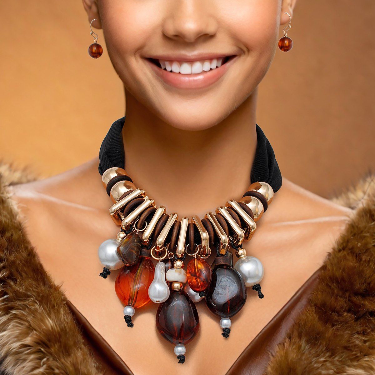 Beaded Natural Brown Beauty Black Fabric Necklace