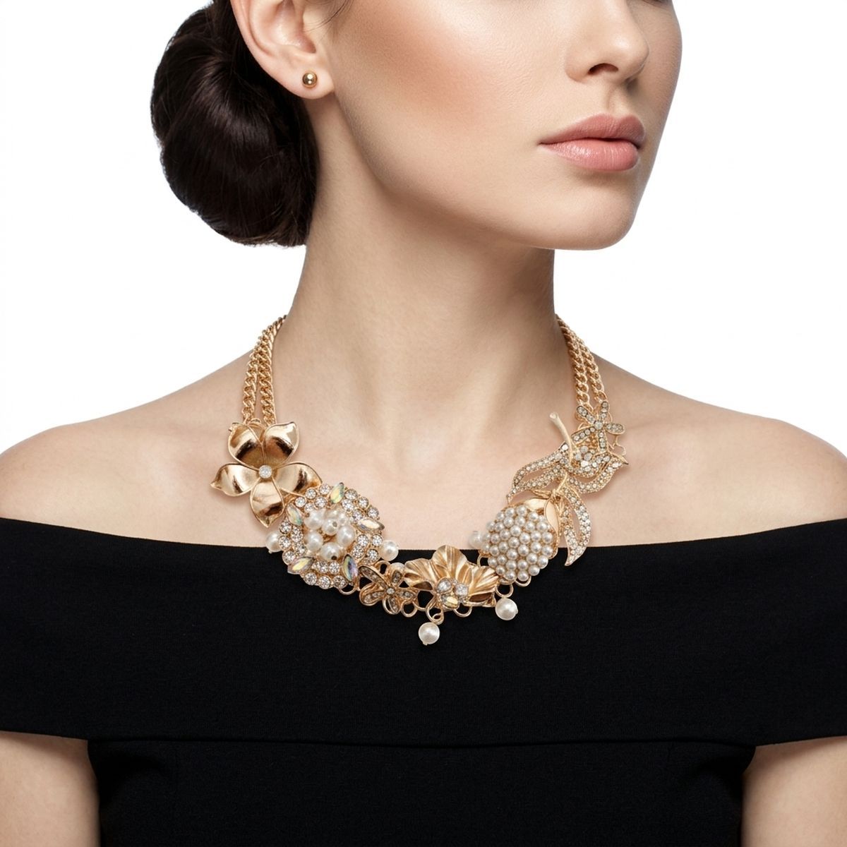Aurbo Crystal Pearl Gold Chainmaille Collar Set