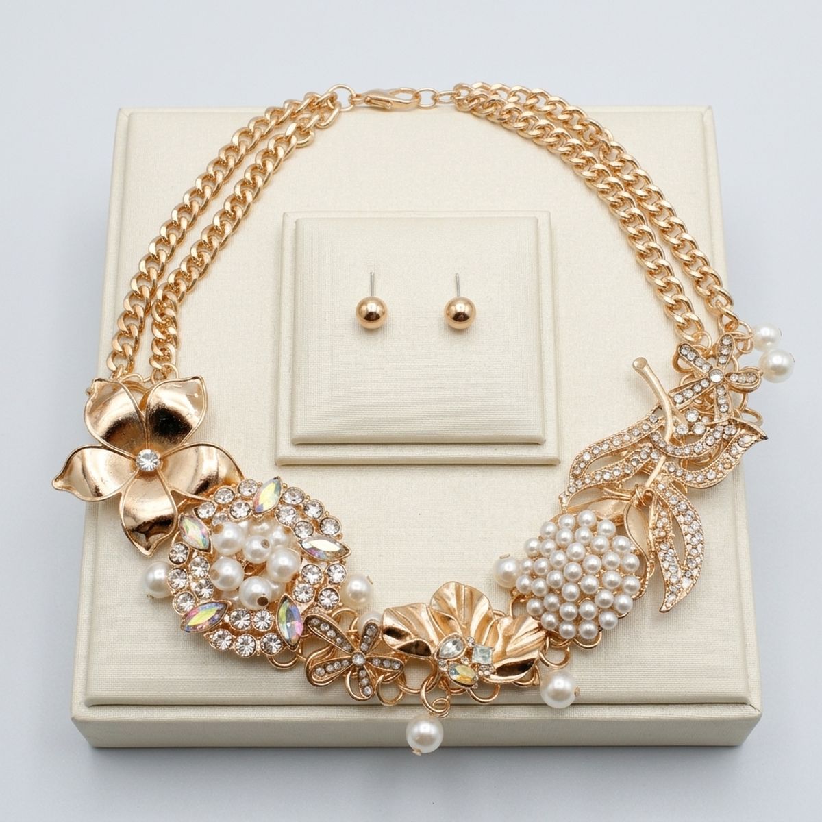 Aurbo Crystal Pearl Gold Chainmaille Collar Set