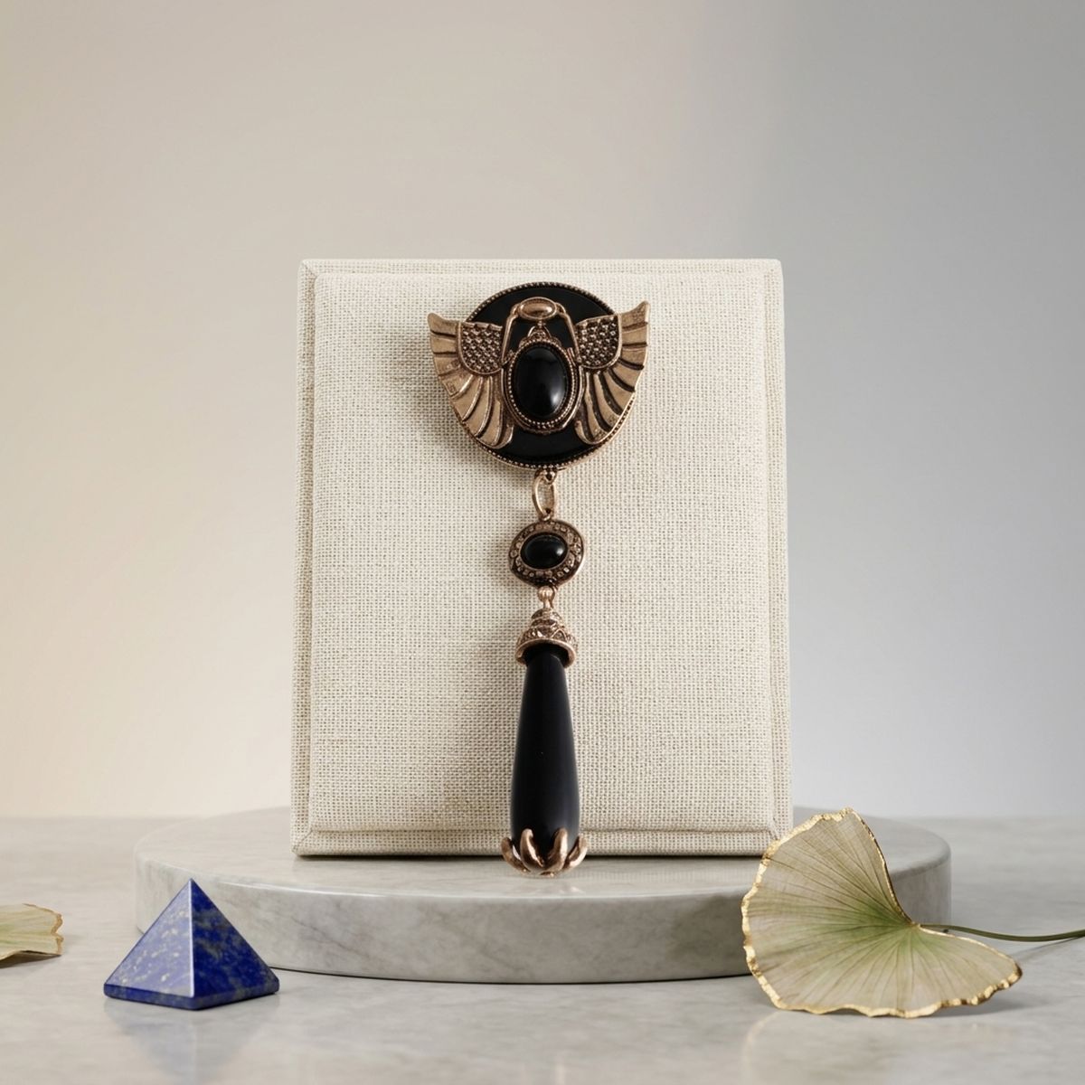 Egyptian Gold Scarab Black Dangle Brooch Pin