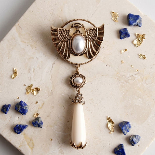 Egyptian Gold Scarab Ivory Dangle Brooch Pin