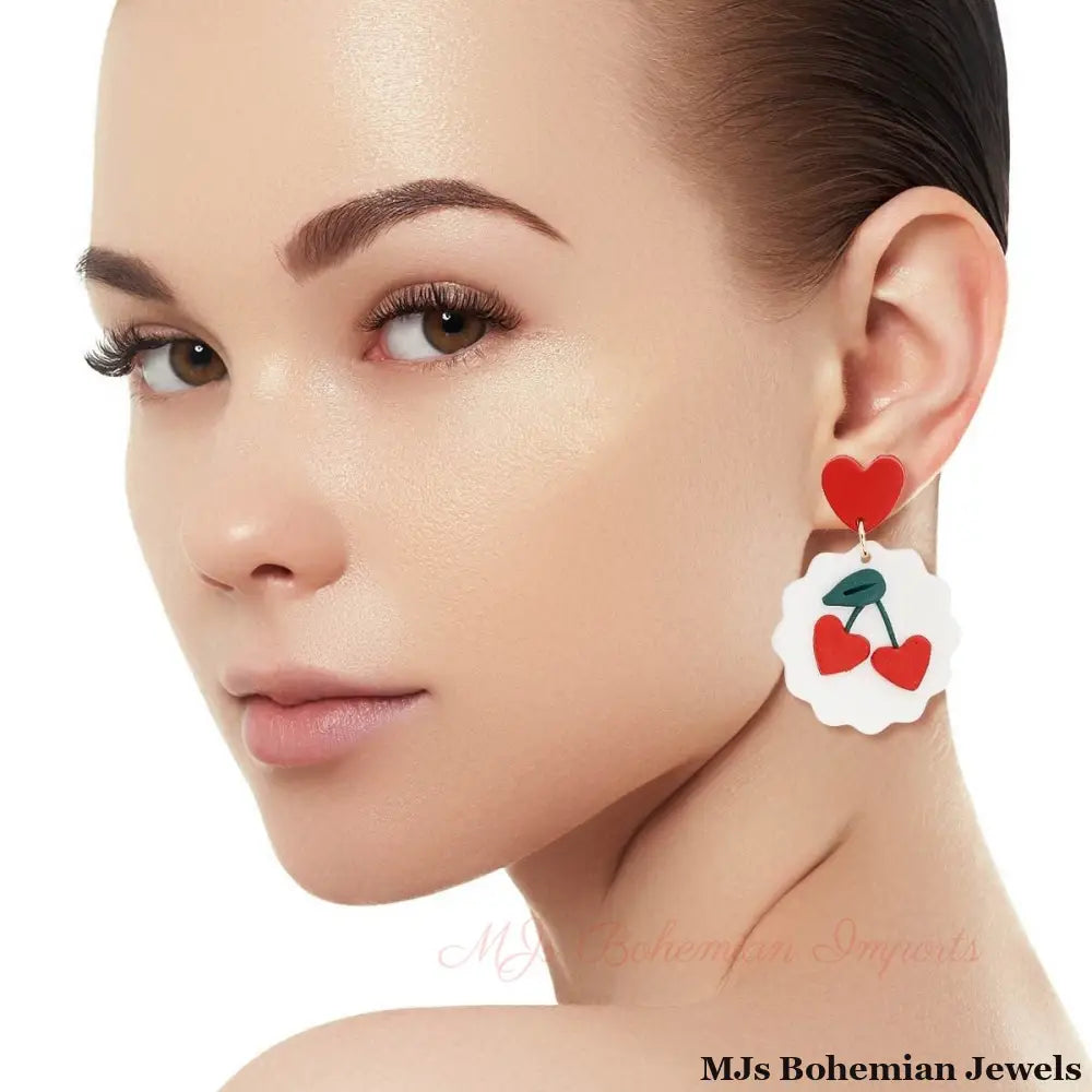 White and Red Clay Cherry Earrings