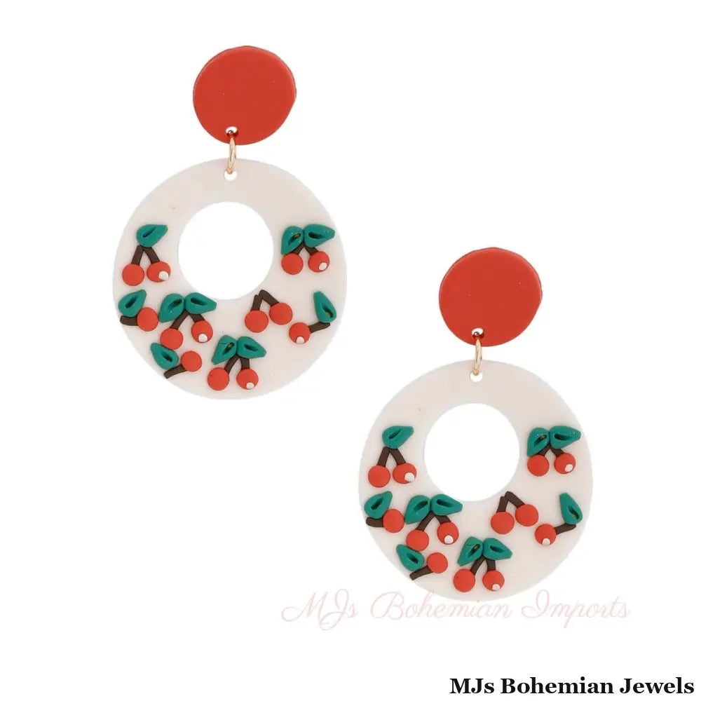 White Clay Cherry Donut Earrings