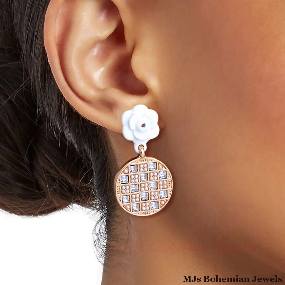 White Flower Checkerboard Earrings