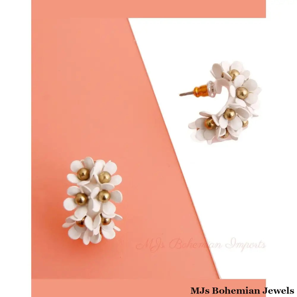 White Flower Hoop Earrings