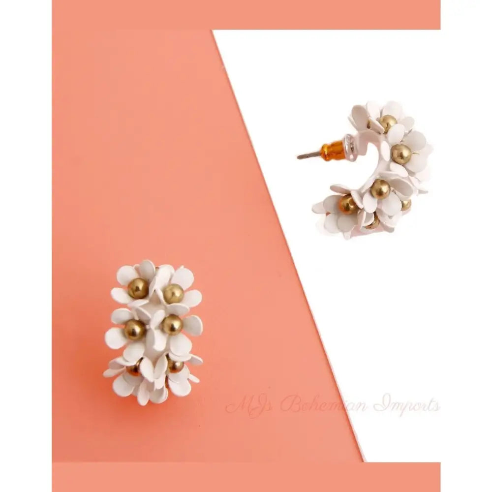 White Flower Hoop Earrings